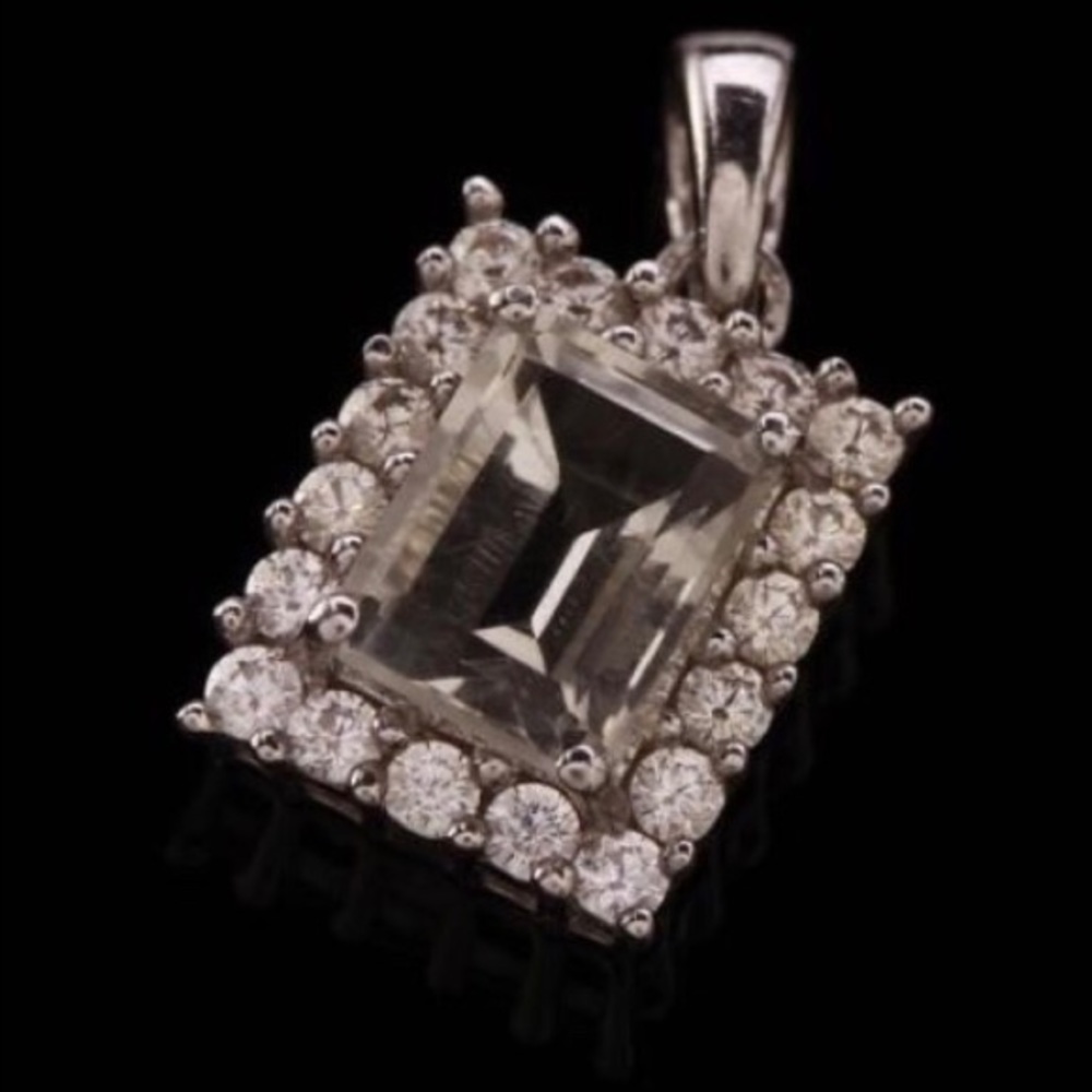 Emerald Cut Green Amethyst Halo Sterling Silver Pendant
